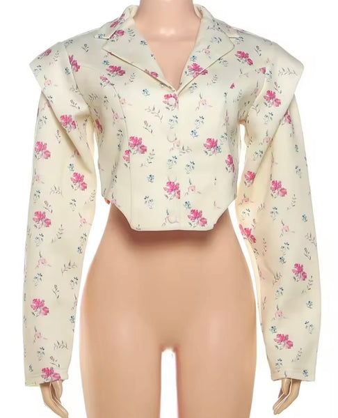 Women Fashion Floral Button Up Full Sleeve Blazer Top