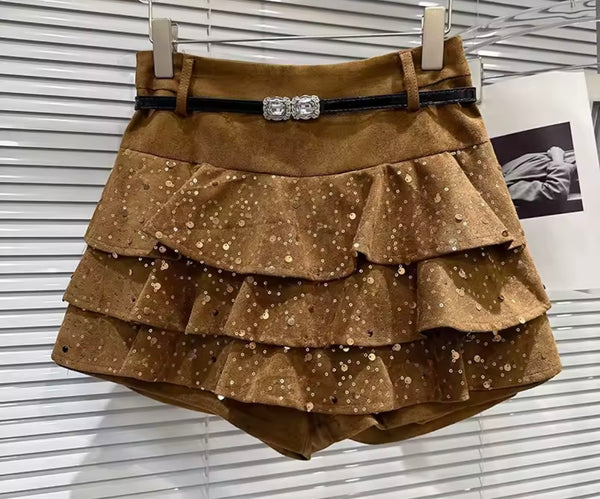 Women Suede Sequins Ruffle Wrap Shorts
