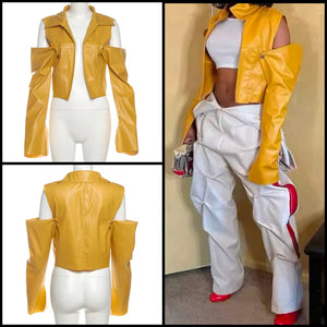 Women Fashion Yellow Cut Out Faux Leather Jacket