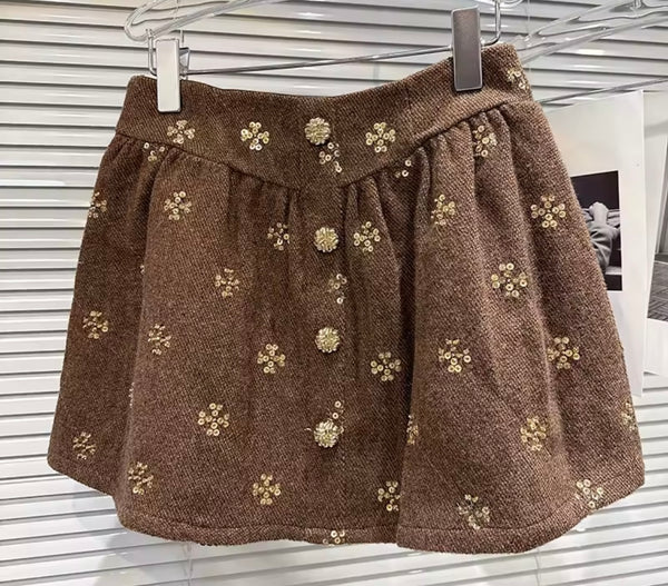 Women Brown Sequins Full Sleeve Blazer Two Piece Skirt Set