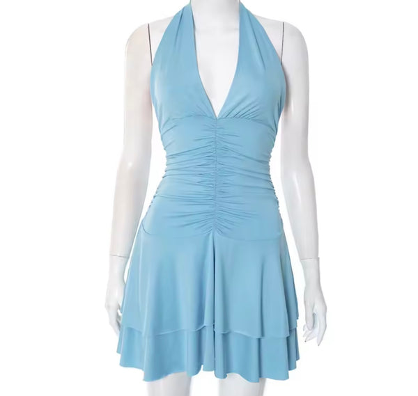 Women Sexy Halter Sleeveless Ruched Ruffled Dress