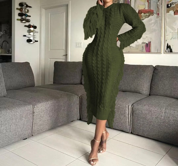 Women Full Sleeve Fringe Fashion Sweater Maxi Dress