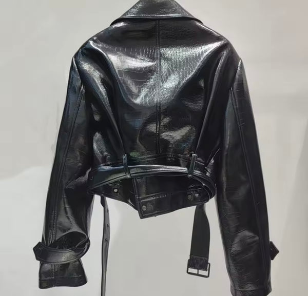 Women Sexy Fashion Black Faux Leather Jacket Two Piece Skirt Set