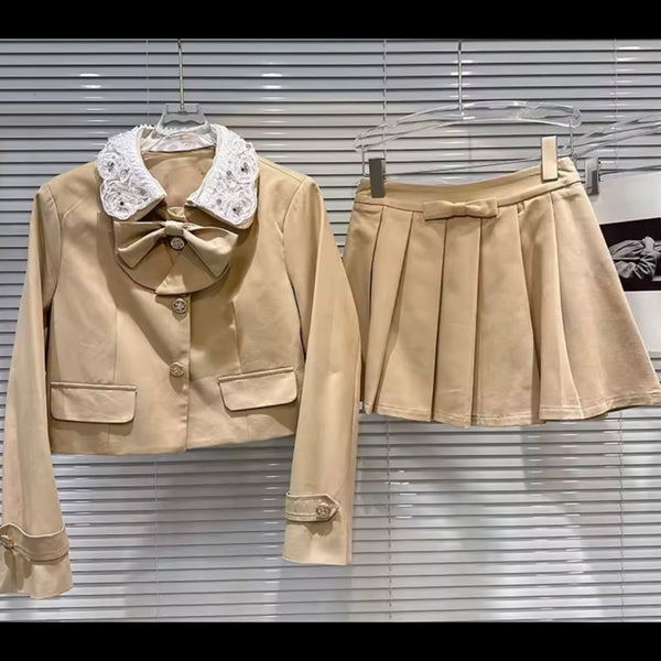 Women Lace Bow Button Up Blazer Two Piece Pleated Skirt Set