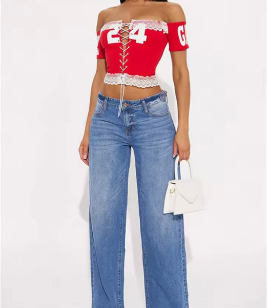 Women Off The Shoulder Short Sleeve Number Lace Tie Up Crop Top
