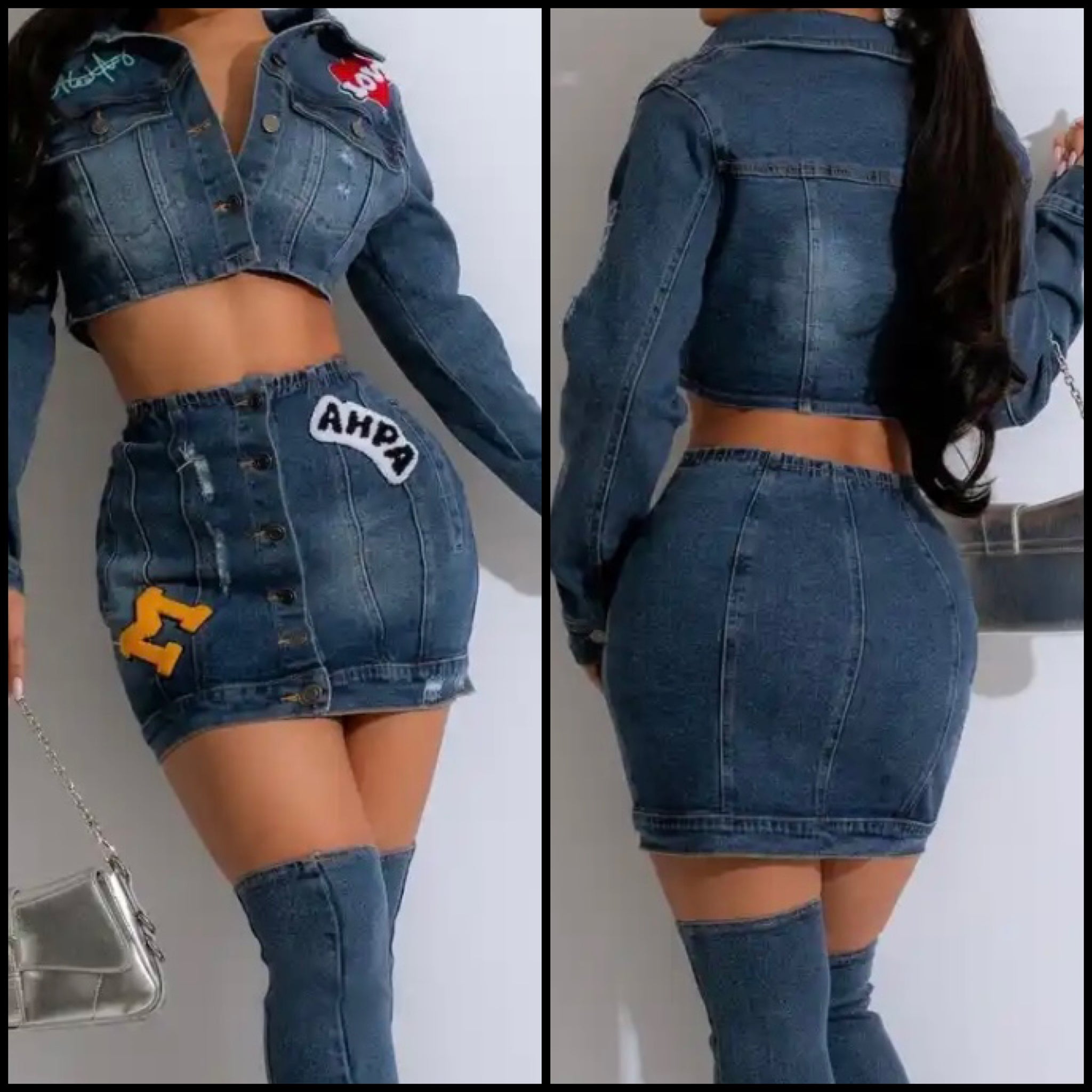 Women Sexy Fashion Printed Patchwork Denim Two Piece Skirt Set