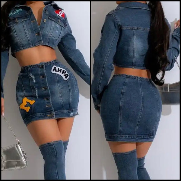 Women Sexy Fashion Printed Patchwork Denim Two Piece Skirt Set