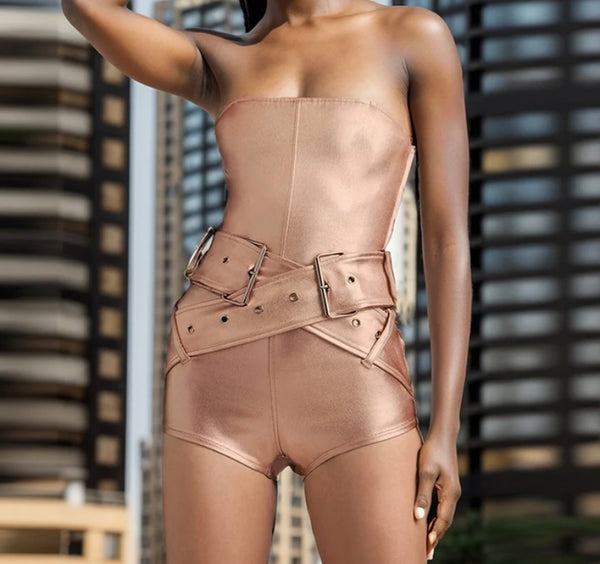 Women Sexy Strapless Buckled PU Romper