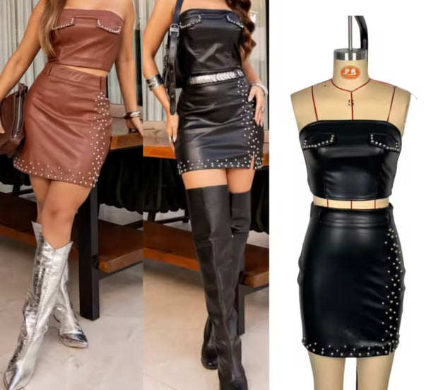 Women Sexy Strapless Rivet PU Two Piece Skirt Set