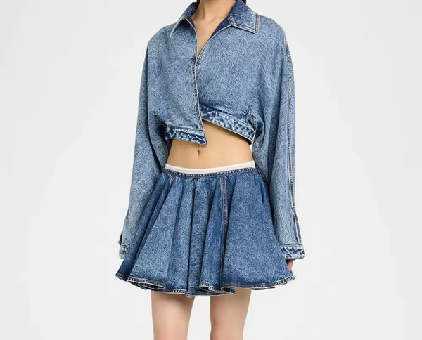 Women Fashion Full Sleeve Denim Two Piece Pleated Skirt Set