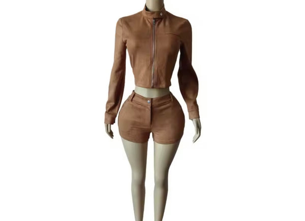 Women Suede Fashion Jacket Two Piece Short Set
