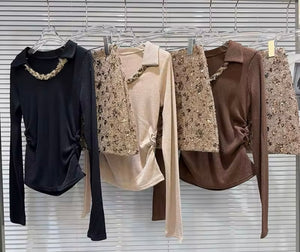 Women Sexy Full Sleeve Two Piece Sequins Skirt Set