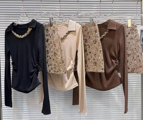 Women Sexy Full Sleeve Two Piece Sequins Skirt Set