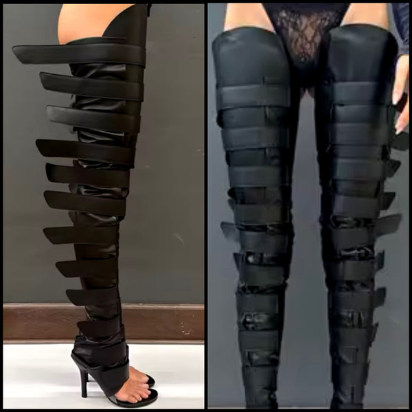 Women Fashion Open Toe Over The Knee Black Snap Boots