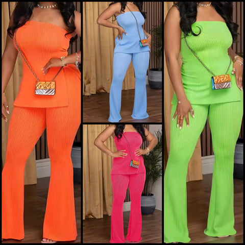 Women Ribbed Strapless Color Fashion Two Piece Pant Set