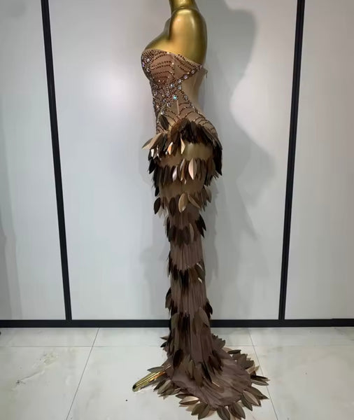Women Sexy Strapless Rhinestone Brown Mesh Maxi Dress