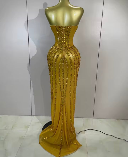 Women Sexy Strapless Rhinestone Mesh Maxi Dress