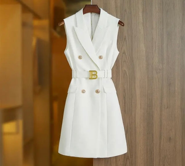 Women Fashion Sleeveless Gold Button Letter Belt Dress