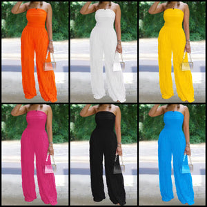 Women Sexy Strapless Color Pleated Jumpsuit