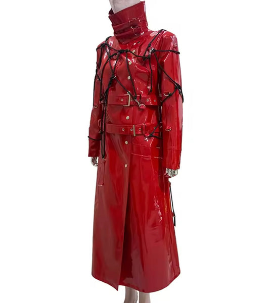 Women Fashion Red PU Leather Gothic Trench Jacket