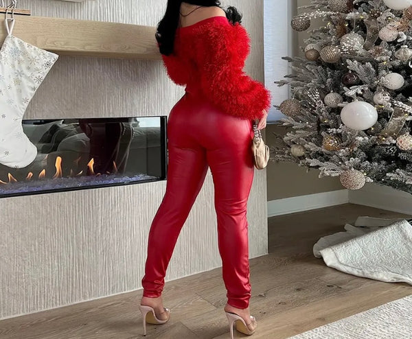 Women Sexy Two Piece Faux Fur Zip Up Full Sleeve PU Pant Set
