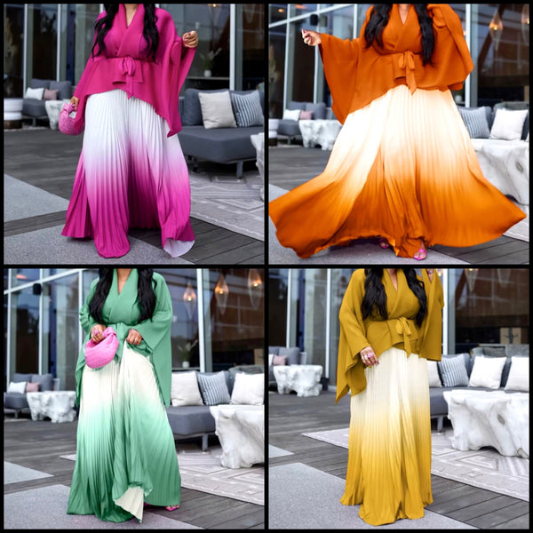 Women Full Sleeve Gradient Two Piece Pleated Maxi Skirt Set