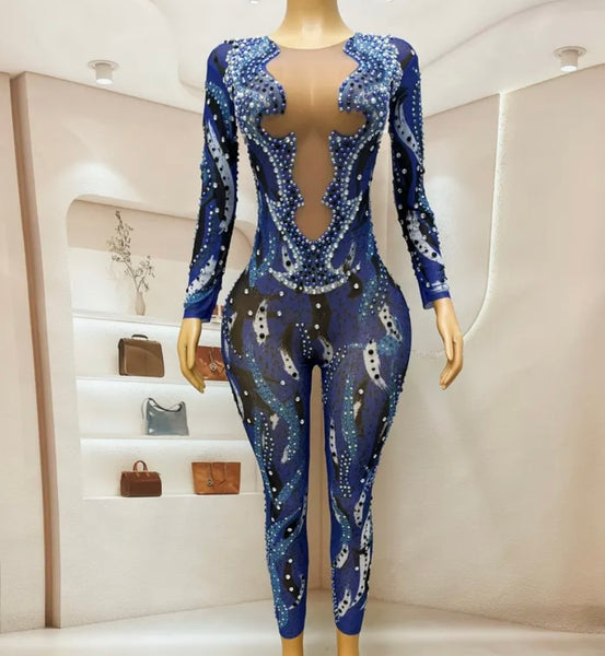 Women Sexy Color Patchwork Beaded Bling Full Sleeve Jumpsuit