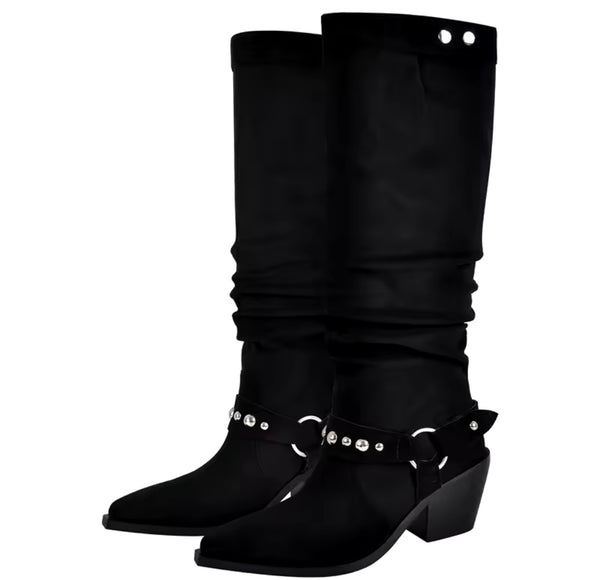 Women Fashion Black Suede Bling Ankle/Knee High Western Boots