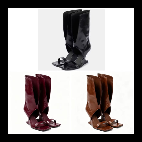 Women Faux Leather Fashion Open Toe Wedge Mid-Calf Boots
