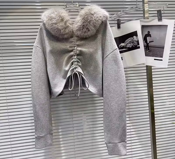 Women Fur Hooded Drawstring Gray Two Piece Pant Set
