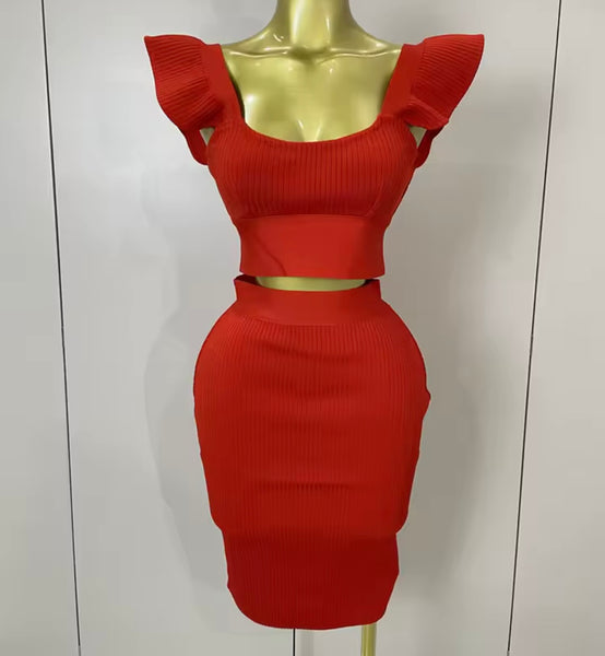 Women Sexy Ruffled Sleeveless Crop Two Piece Skirt Set