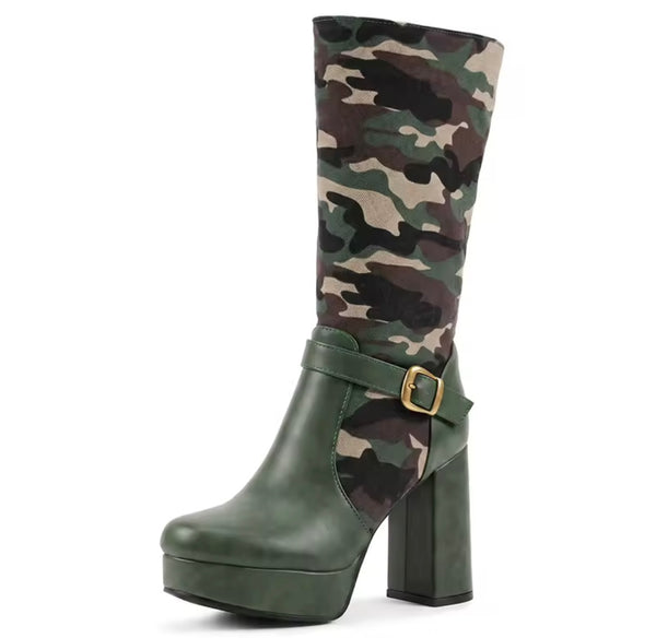 Women Color Camouflage Buckle Knee High Boots