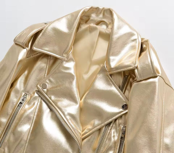 Women Gold Fashion Faux Leather Buckled Jacket