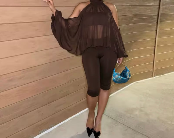 Women Open Shoulder Mesh Full Sleeve Three Piece Capri Pant Set