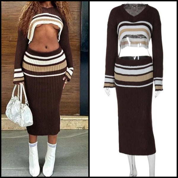 Women Striped Full Sleeve Ribbed Two Piece Maxi Skirt Set