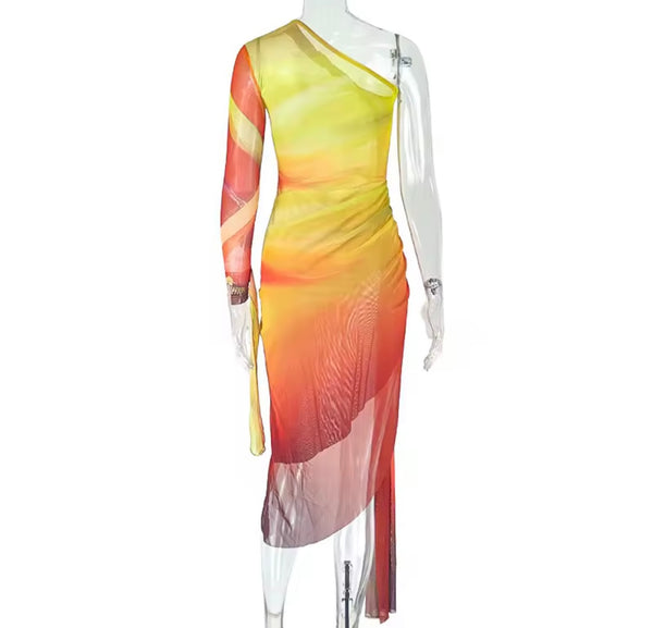 Women Sexy One Shoulder Gradient Side Split Dress