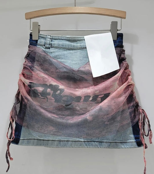 Women Fashion Color Patchwork Mesh Denim Skirt