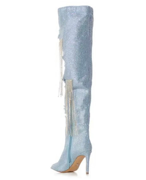 Women Fashion Open Toe Bling Tassel Denim Over The Knee Boots