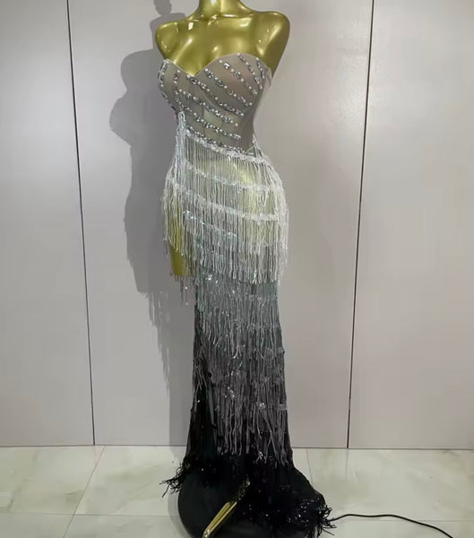 Women Sexy Rhinestone Mesh Strapless Gradient Fringe Tassel Dress