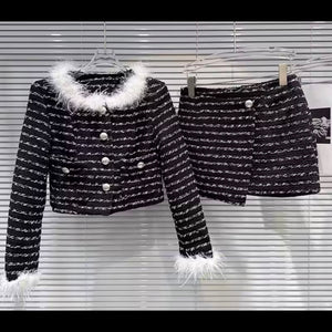 Women B&W Feather Button Up Blazer Two Piece Tweed Skirt Set