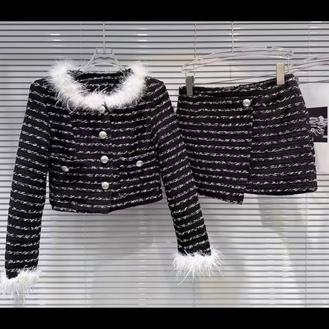 Women B&W Feather Button Up Blazer Two Piece Tweed Skirt Set