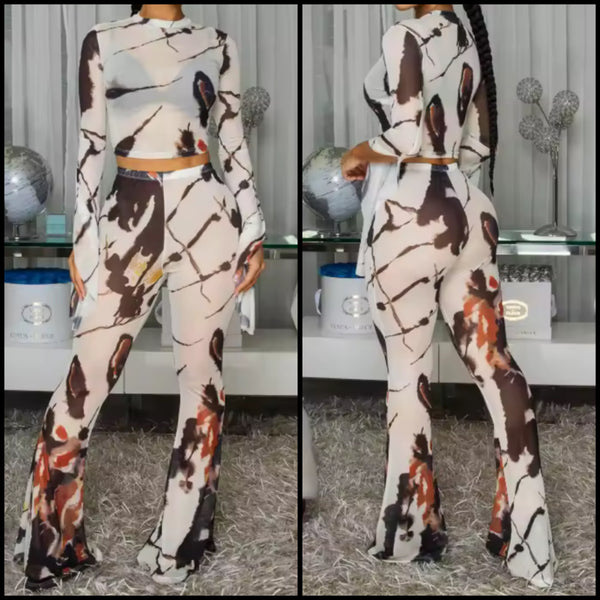Women Sexy Printed Mesh Flare Full Sleeve Two Piece Pant Set
