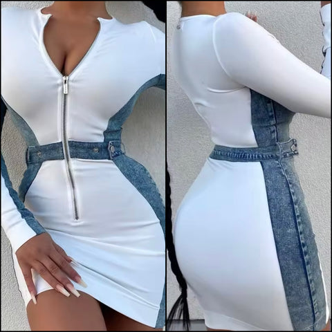 Women White Denim Patchwork Zip Up Full Sleeve Sexy Dress