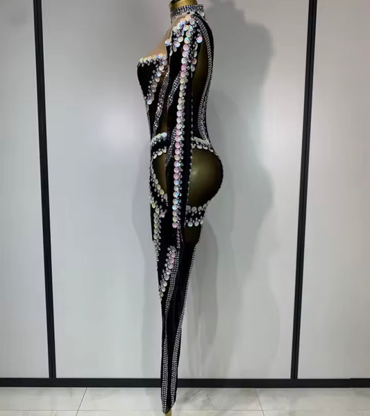 Women Sexy Black Rhinestone Sequins Full Sleeve Jumpsuit