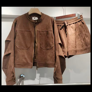 Women Brown Suede Zip Up Jacket Two Piece Short Set