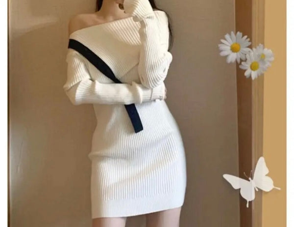 Women Off The Shoulder Ribbed Full Sleeve B&W Dress