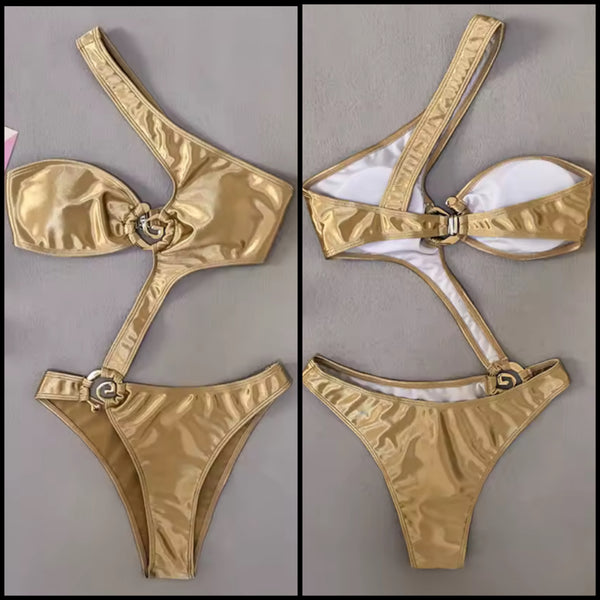 Women Sexy Gold One Shoulder Cut Out Swimsuit