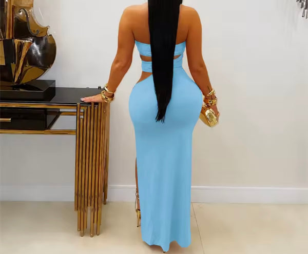 Women Sexy Strapless Metal Cut Out Maxi Dress