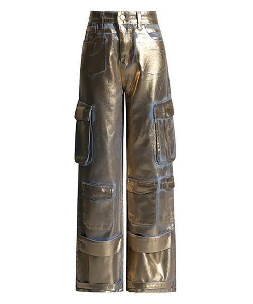 Women Metallic Cargo Fashion Denim Pants