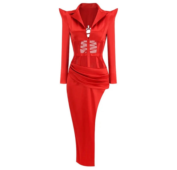 Women Sexy Red Open Back Full Sleeve Asymmetrical Dress